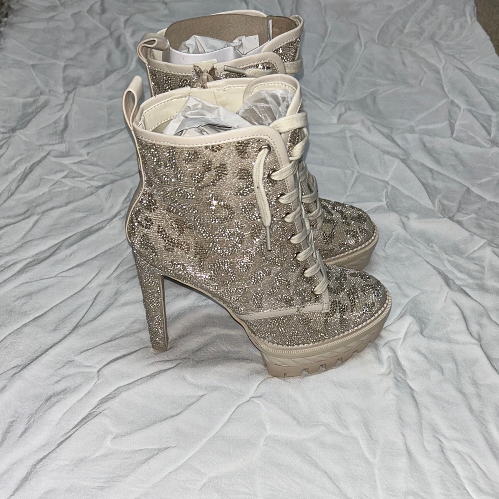 Gianni Bini Cream and Silver Heeled Boots with Platform Sole